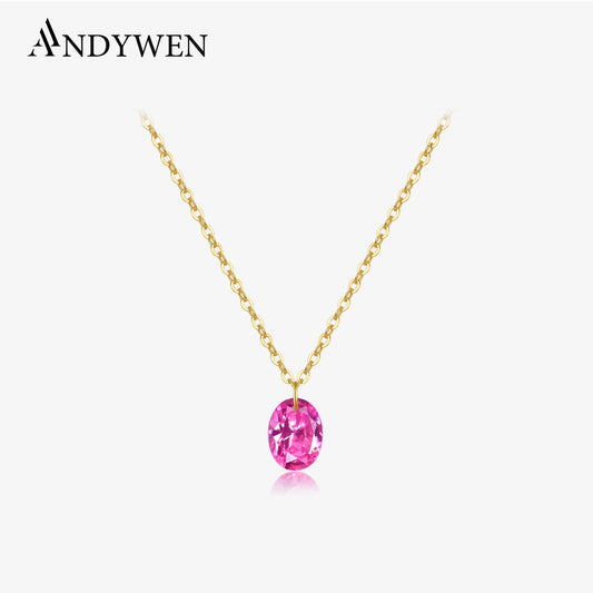 Collar de plata de ley bañado en dorado con piedra rosa